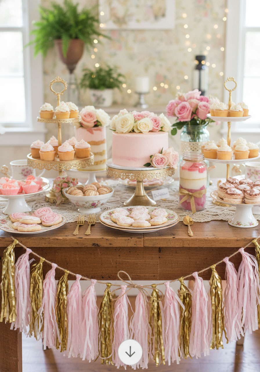 Festive pink and gold tissue paper fringe banner for a tea party dessert table.