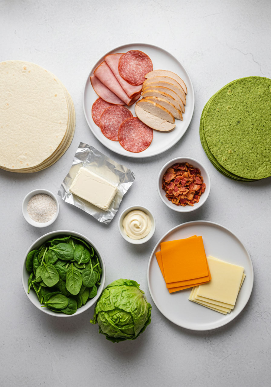 Flat-lay of all pinwheel sandwich ingredients including tortillas, cream cheese, ranch seasoning, deli meats, Colby Jack, Havarti, spinach, and butter lettuce on a gray surface
