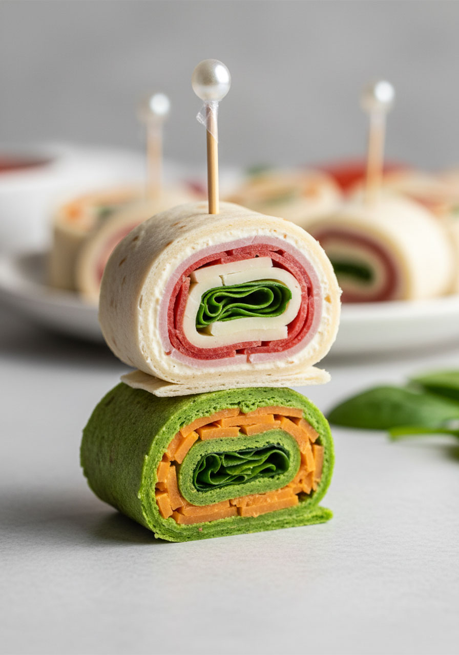 Close-up of pinwheel sandwich cross-section showing tight spiral layers of cream cheese, ham, Havarti cheese, salami, and spinach inside a rolled flour tortilla