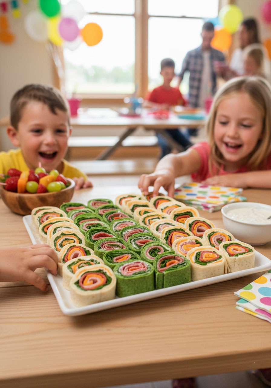 Pinwheel sandwiches on a party table at a kids' birthday party with children reaching for the spiral finger food appetizers alongside fruit skewers and dipping sauce