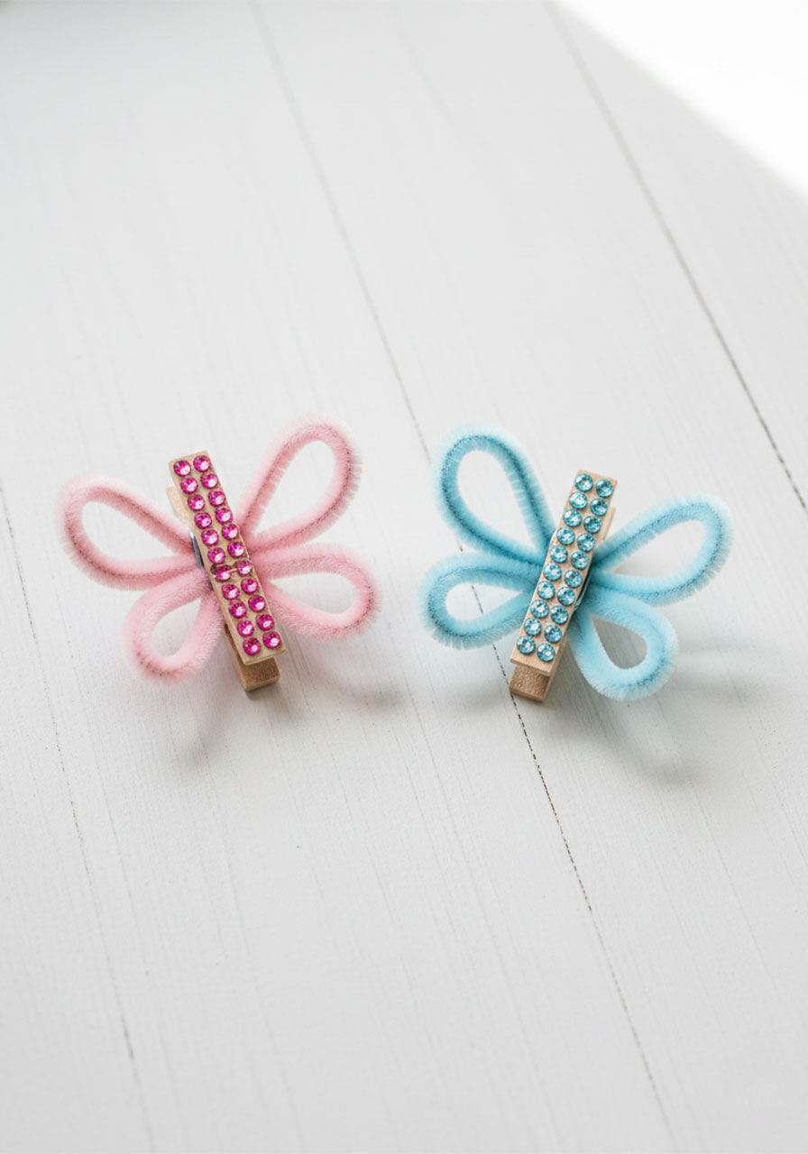 Two pipe cleaner clothespin butterflies in pink and blue with rhinestone decorated clothespin bodies