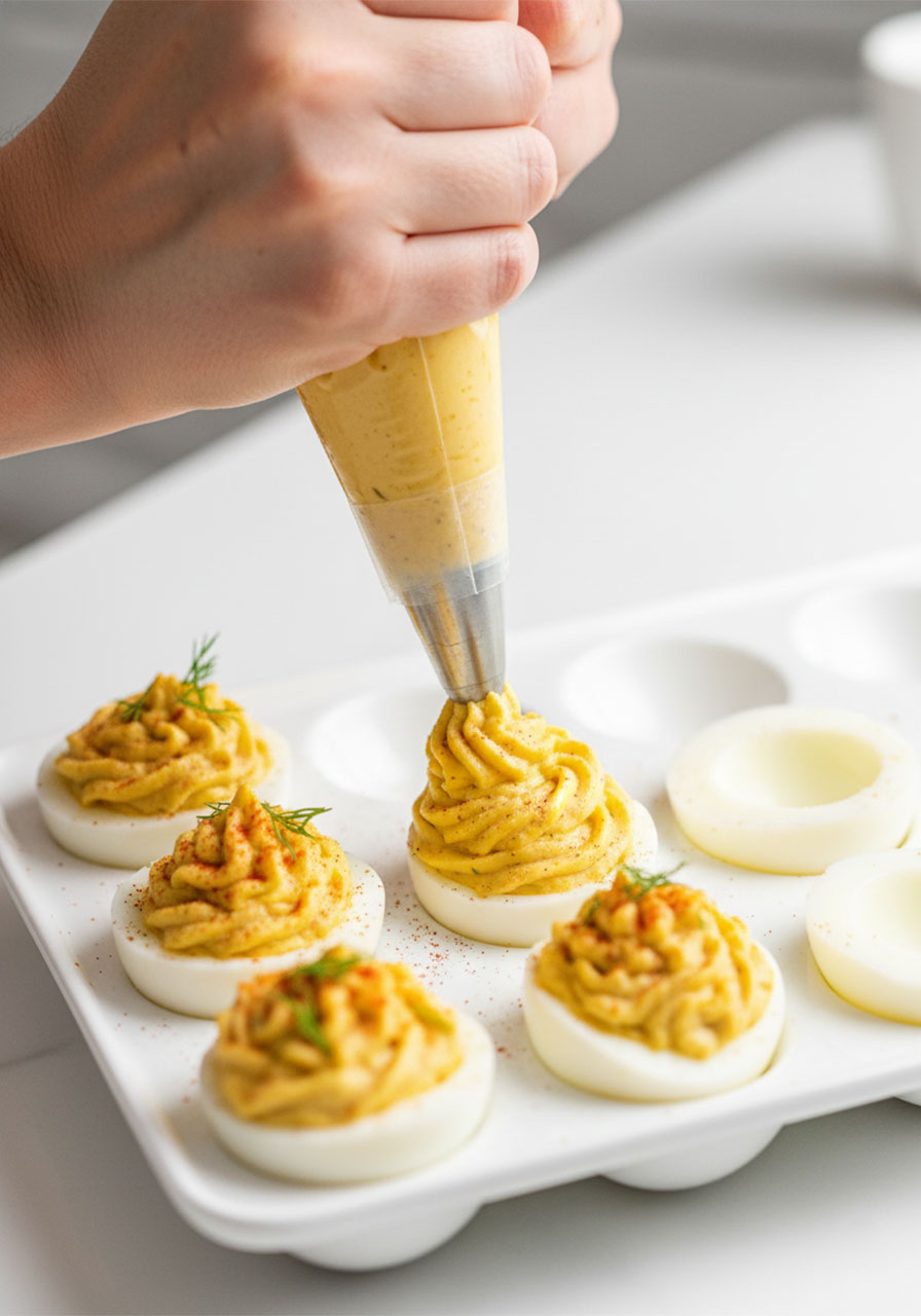 Piping creamy deviled egg filling into egg white halves using a zip-top bag