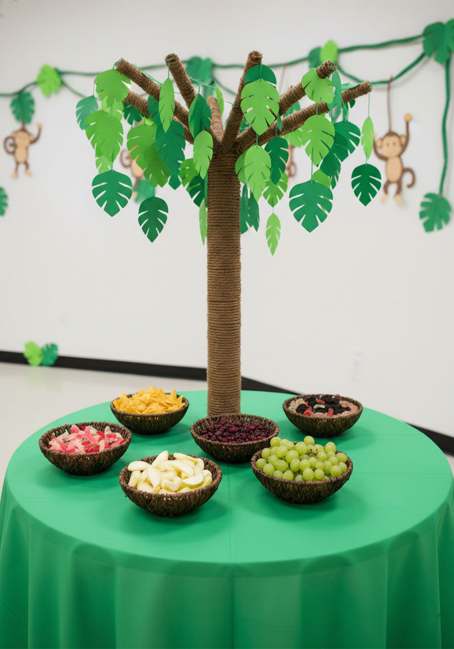 Please feed the animals jungle snack station with labeled bowls of gummy worms grapes and chips, creative interactive zoo party food idea for kids	