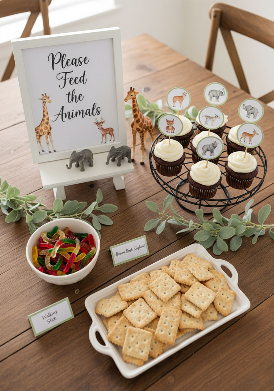 Please feed the animals safari snack table display with cupcakes animal crackers and toy figurines, styled zoo birthday party food for kids	