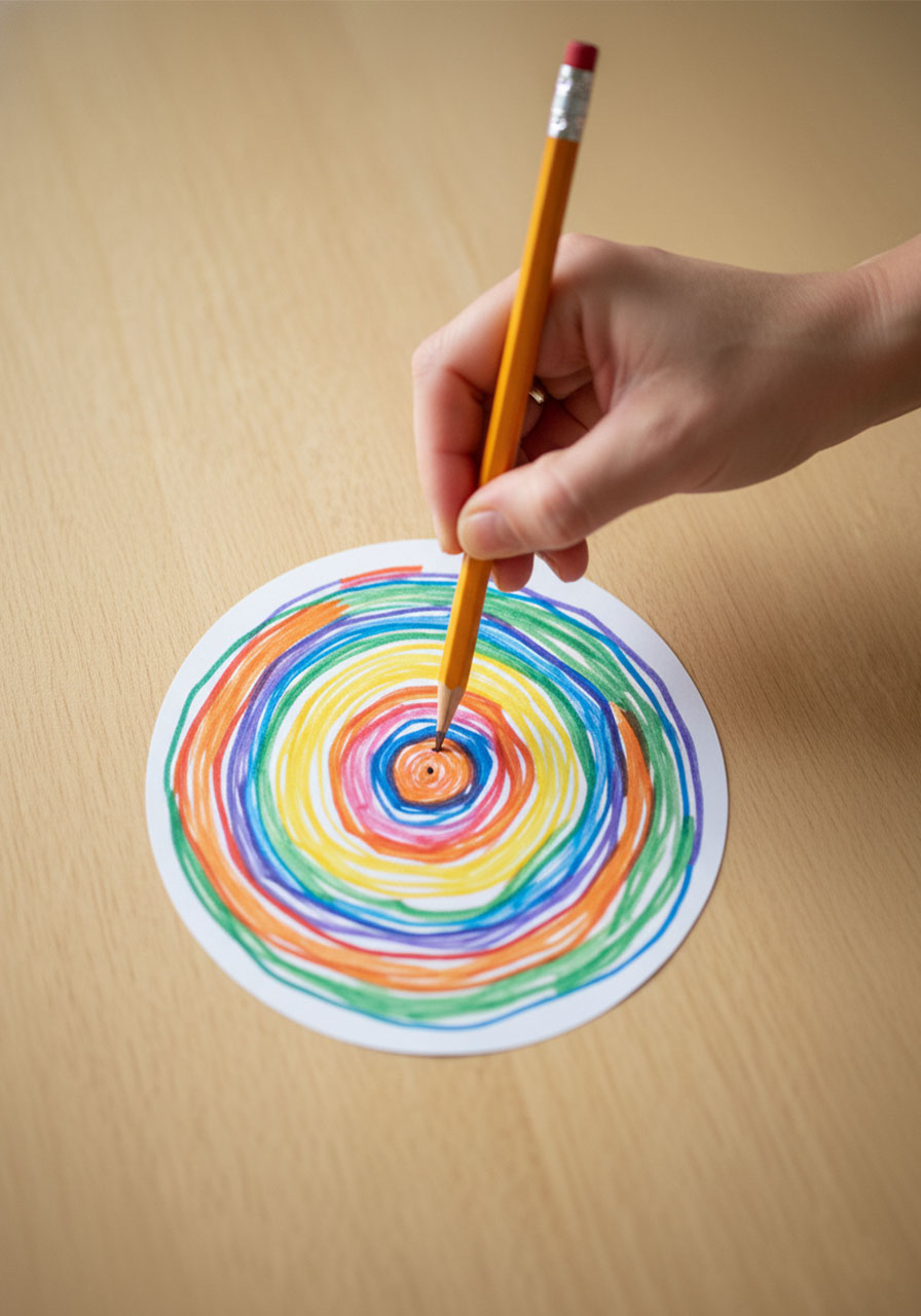Adult hand using a sharpened pencil to poke two center holes in completed rainbow spiral DIY paper spinner cardboard disc on wooden table