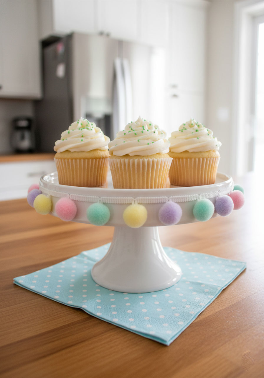 White cake stand with pastel pom-pom trim holding vanilla cupcakes for a kids tea party