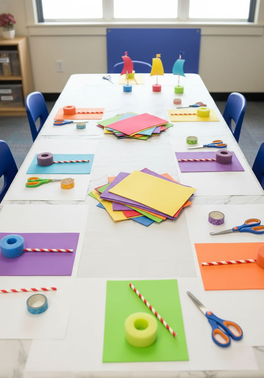 Craft table set up for a group pool noodle boat activity at a classroom or kids birthday party