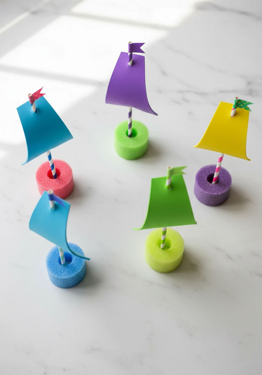Five colorful completed pool noodle boats with foam sails and paper straw masts on a white surface
