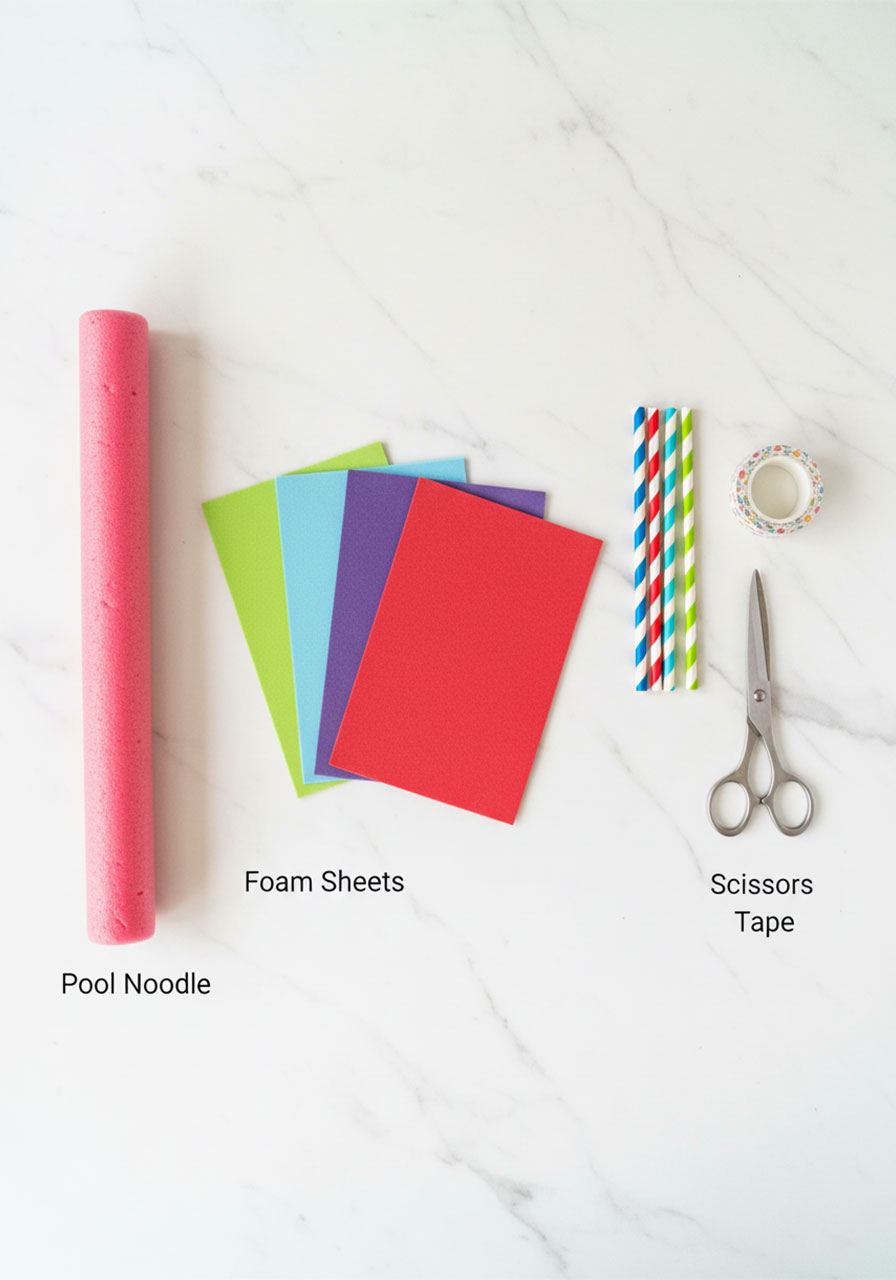 Craft supplies for pool noodle boats including pool noodle, foam sheets, paper straws, washi tape, and scissors