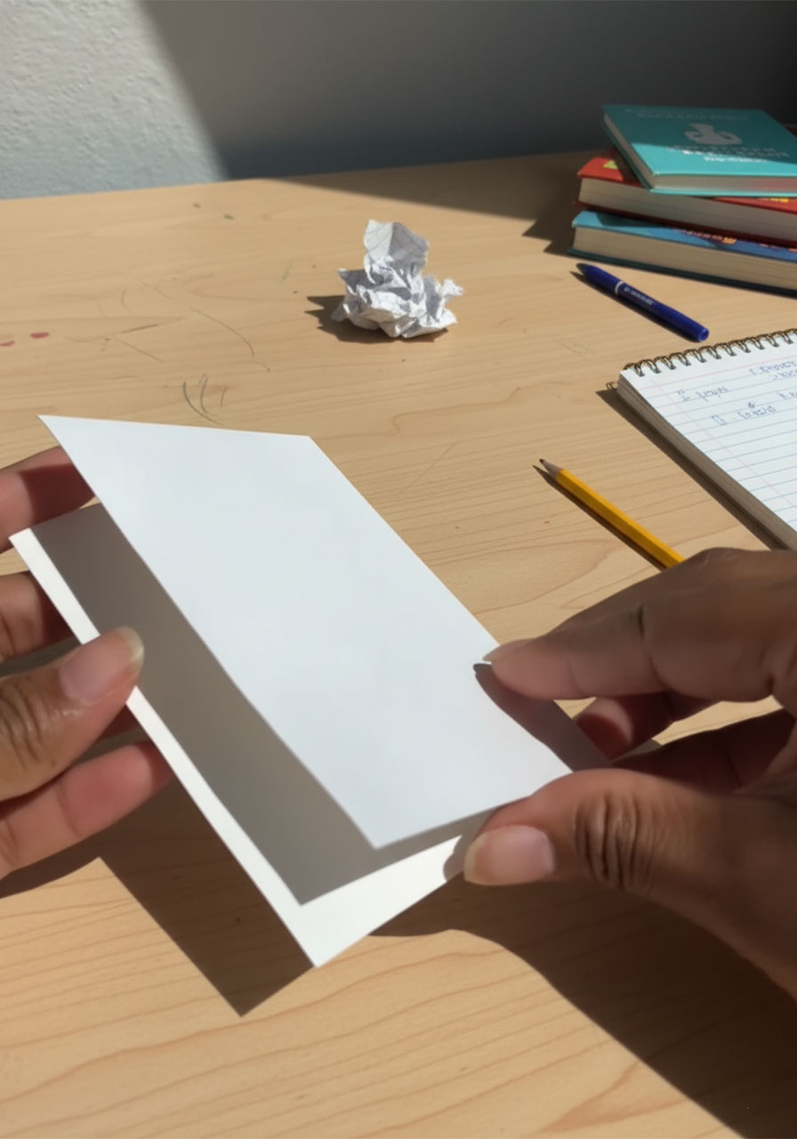 Adult hands cutting two parallel slits into folded white cardstock to create a pop-up tab mechanism step 1a