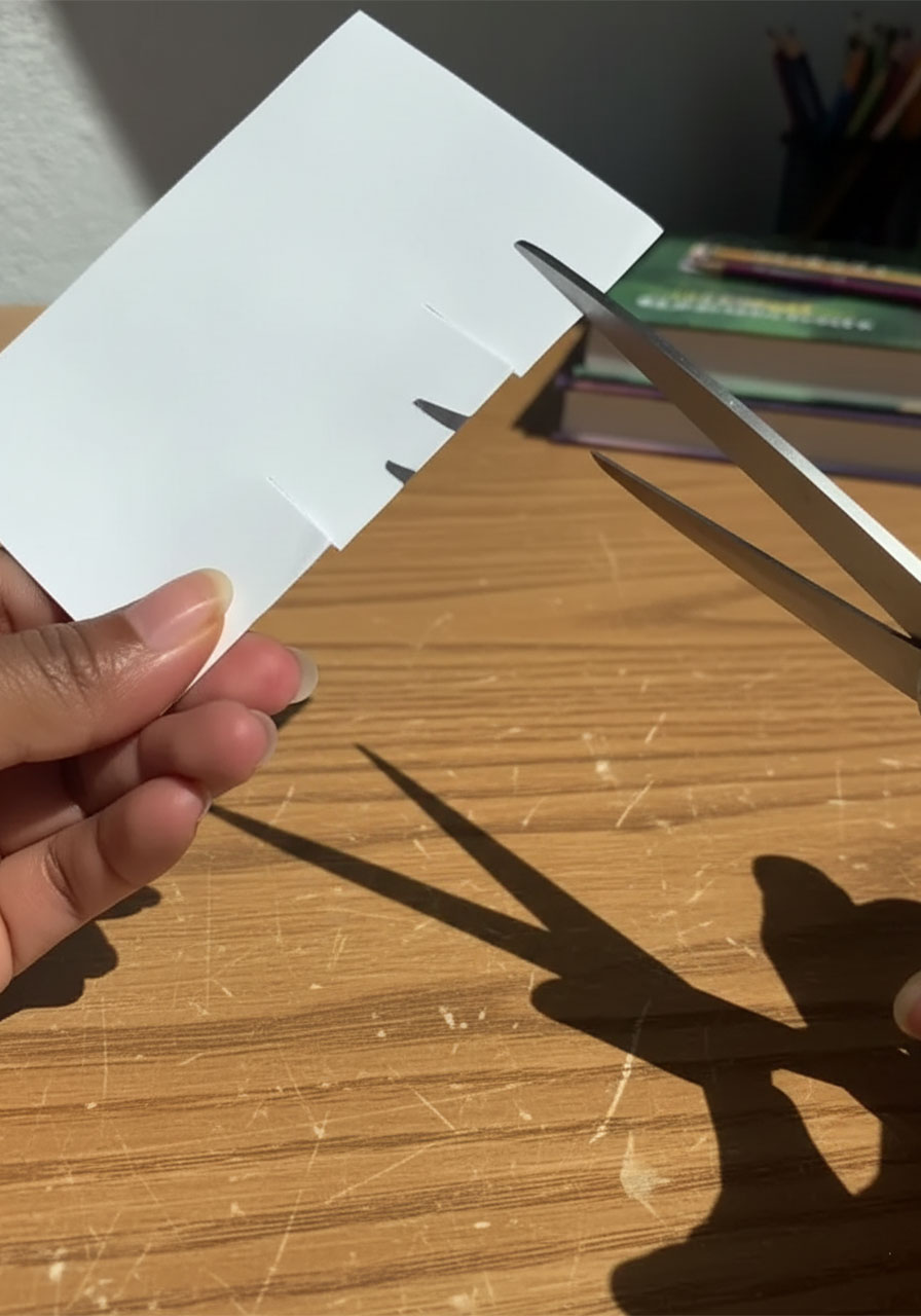 Adult hands cutting two parallel slits into folded white cardstock to create a pop-up tab mechanism step 1b