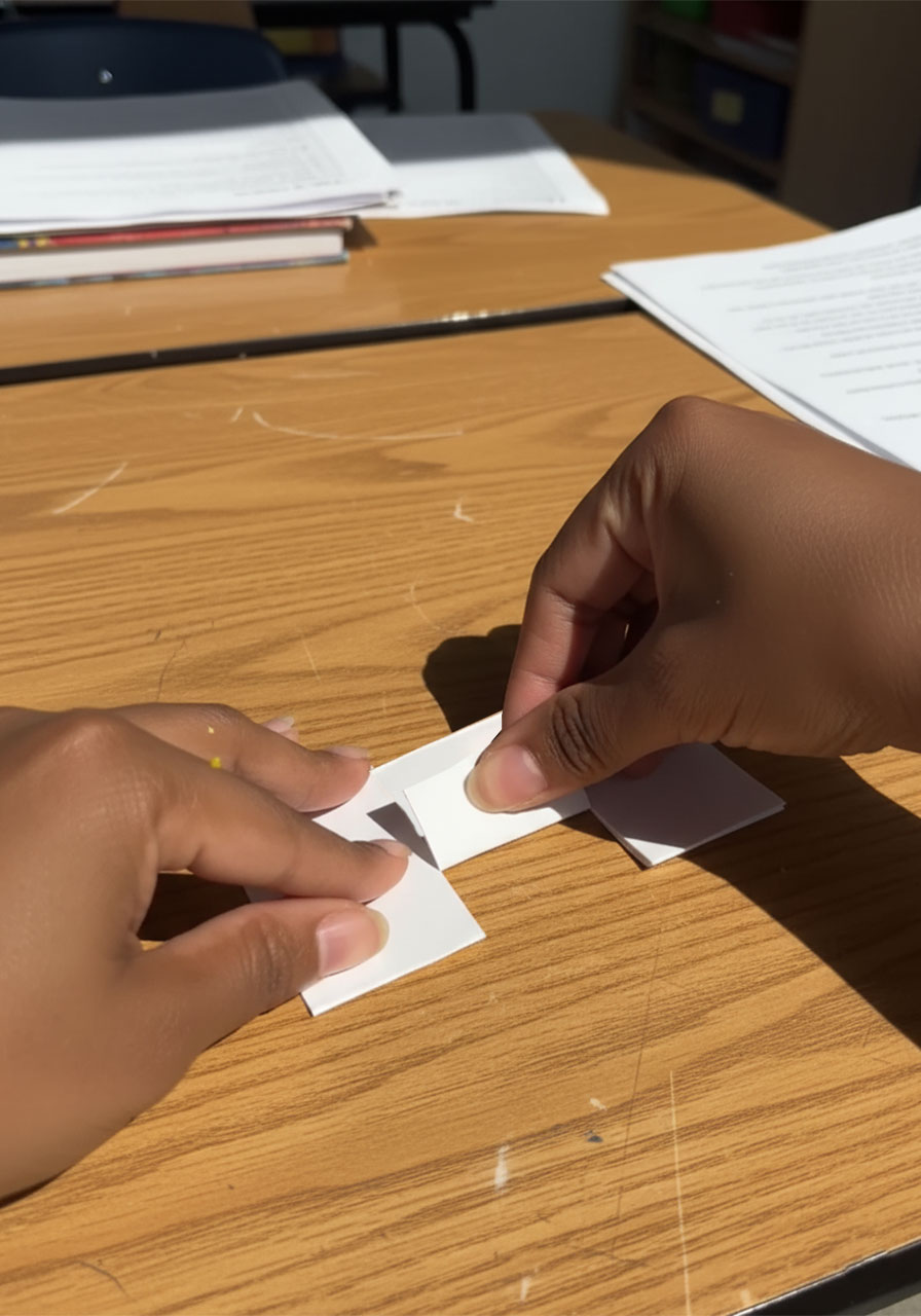 Adult hands cutting two parallel slits into folded white cardstock to create a pop-up tab mechanism step 1c