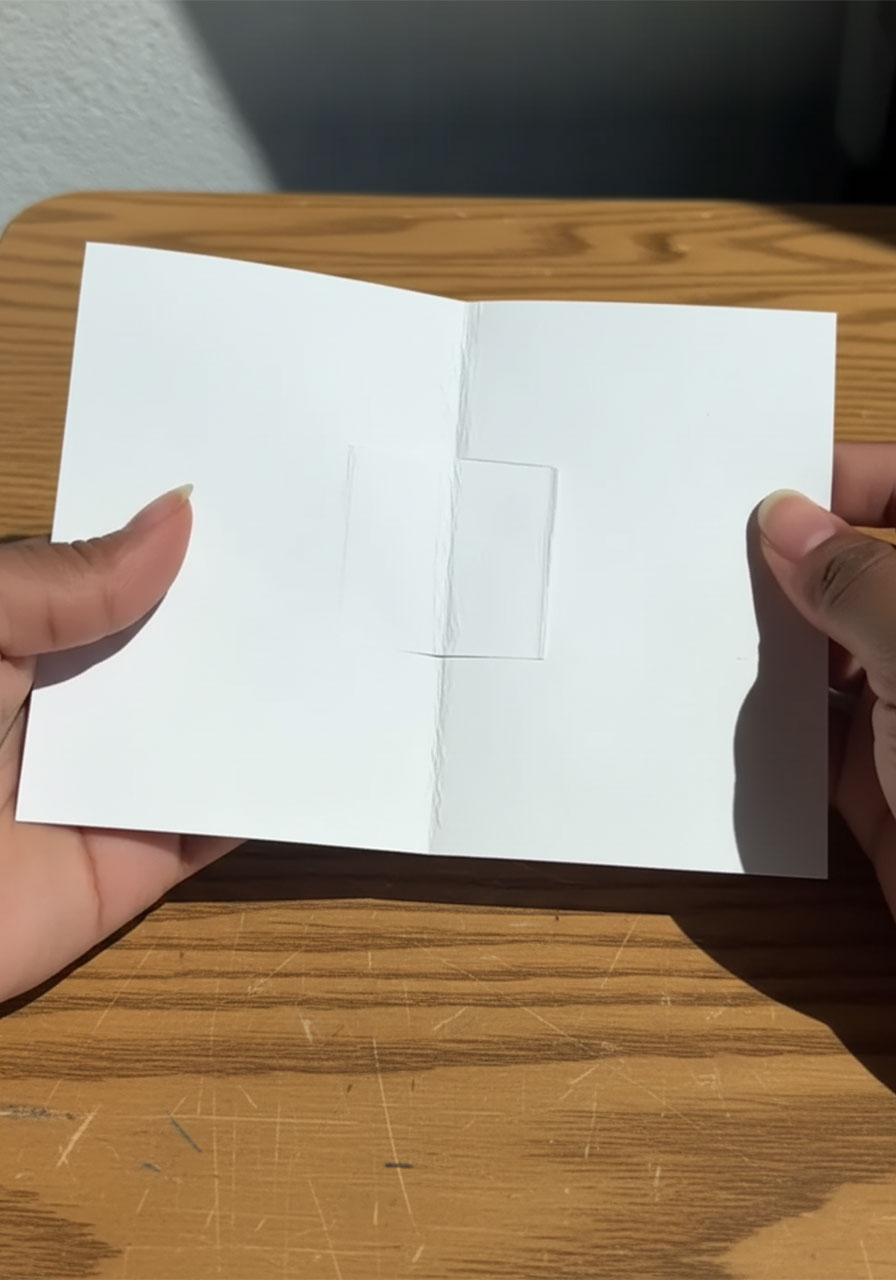 Adult hands cutting two parallel slits into folded white cardstock to create a pop-up tab mechanism step 1e