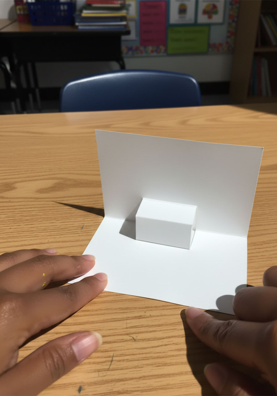 Open white card showing a completed 3D pop-up tab standing upright at the center fold