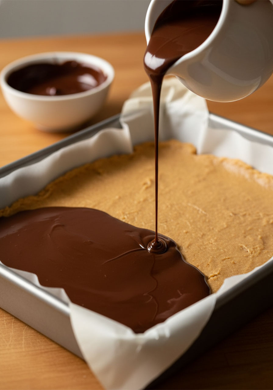 Pouring melted dark chocolate over no bake vegan protein bars in a lined baking pan