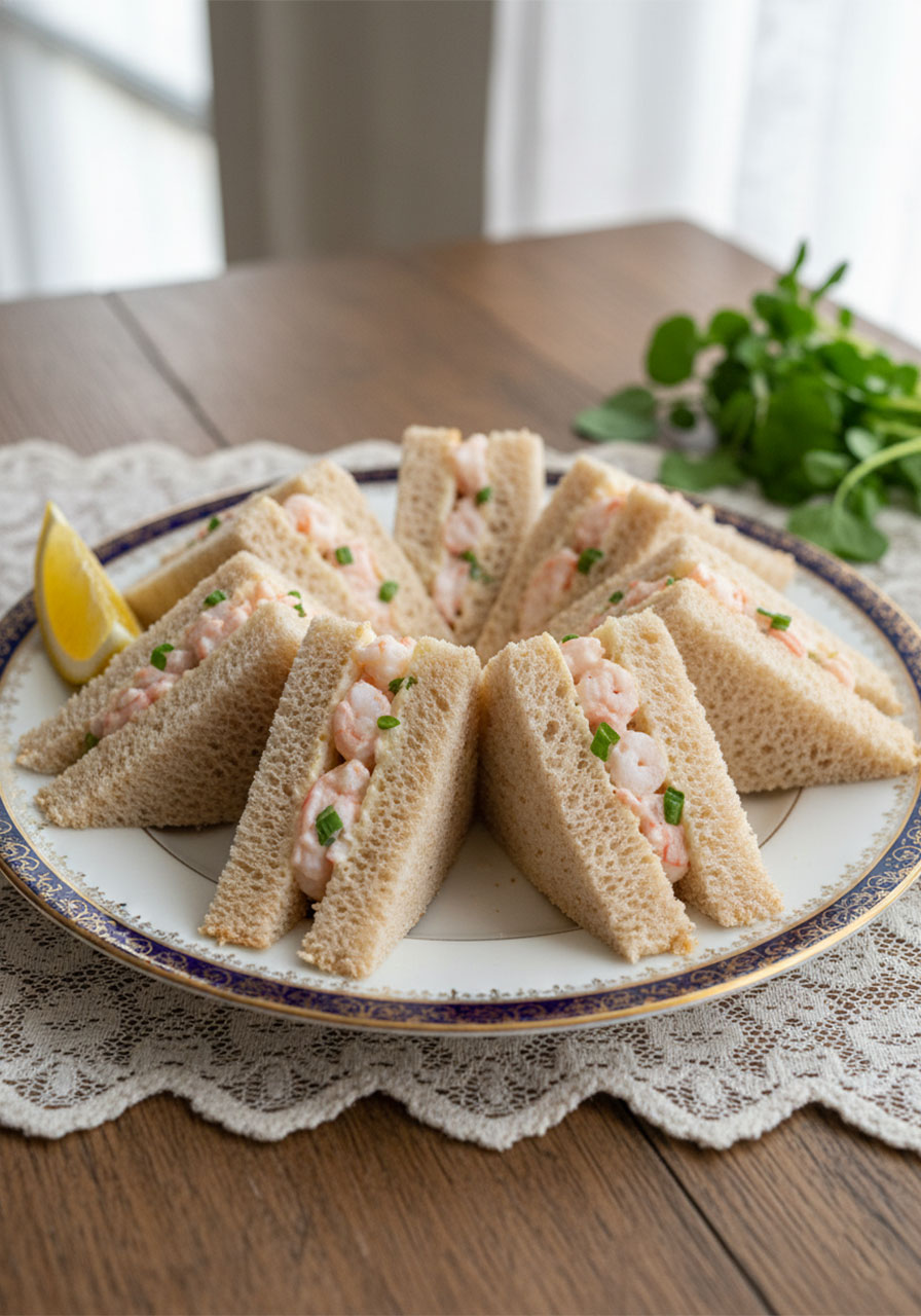 Prawn salad tea sandwiches with watercress on navy blue fine china plate for afternoon tea