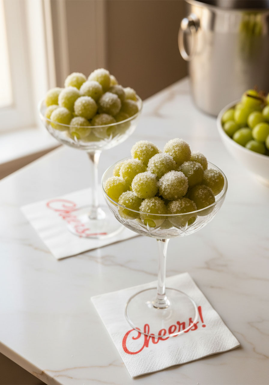 Two crystal coupe glasses filled with sugar-coated prosecco grapes on a white marble countertop