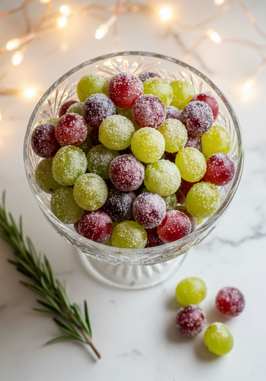 Holiday prosecco grapes with red and green sugar-coated grapes mixed in a crystal bowl for Christmas parties