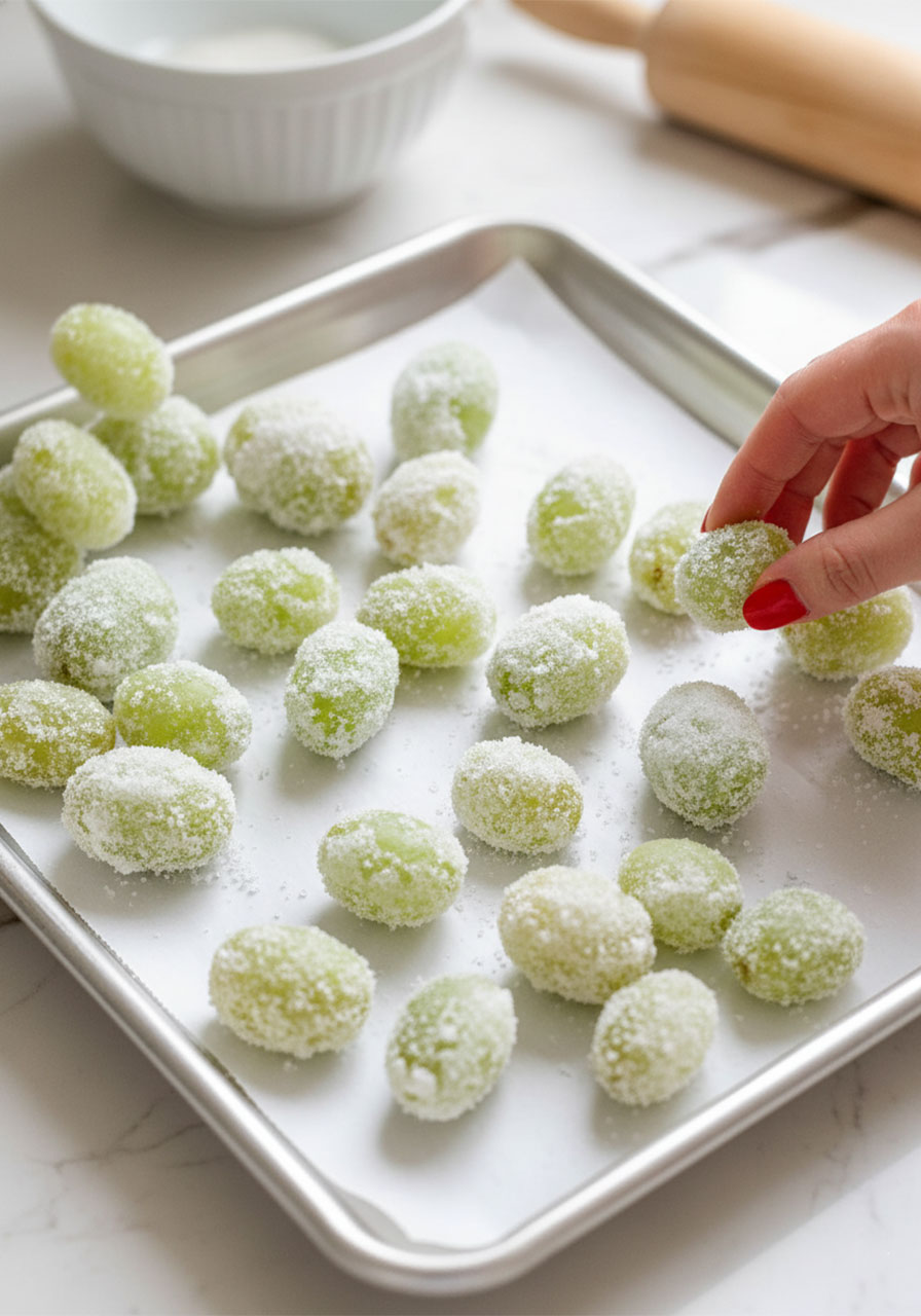 Sugar-coated prosecco grapes arranged on a parchment-lined baking sheet ready to freeze or refrigerate