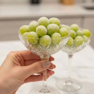 Woman holding a crystal coupe glass filled with sparkling sugar-coated prosecco grapes at a party