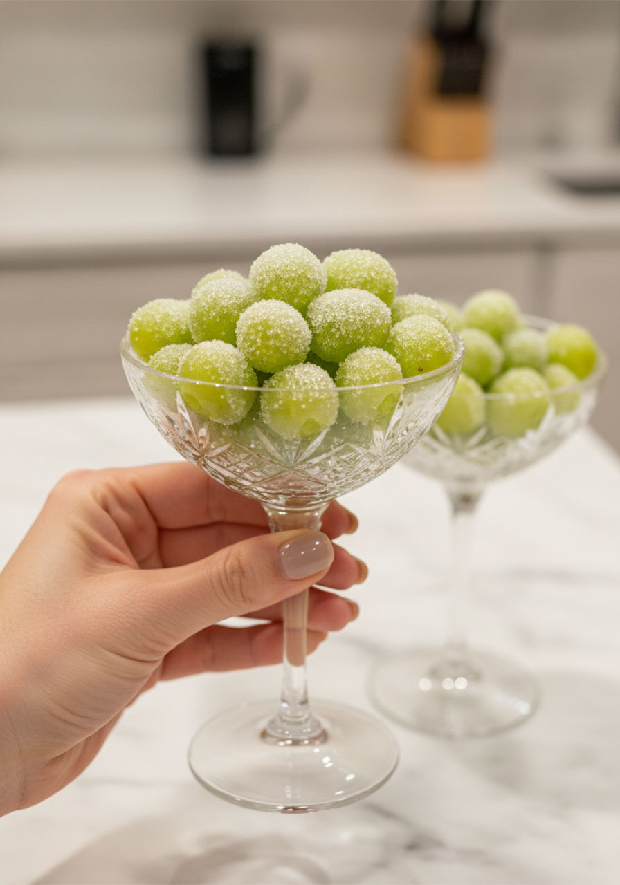 Woman holding a crystal coupe glass filled with sparkling sugar-coated prosecco grapes at a party