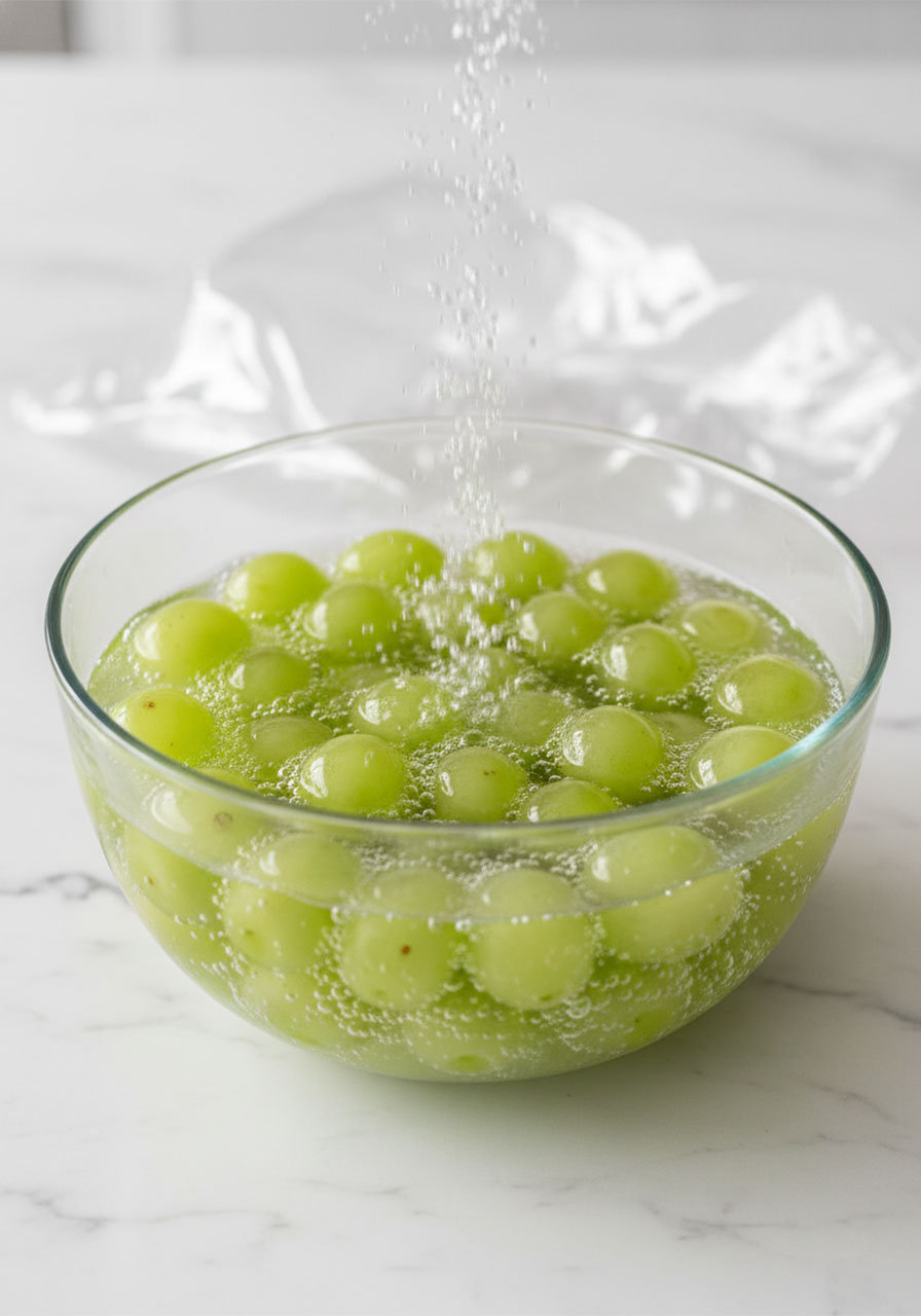 Green grapes soaking in a bowl of prosecco with champagne bubbles rising, ready to marinate overnight