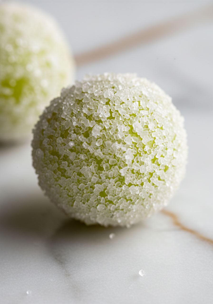 Extreme close-up macro shot of a single green grape coated in sparkling cane sugar crystals