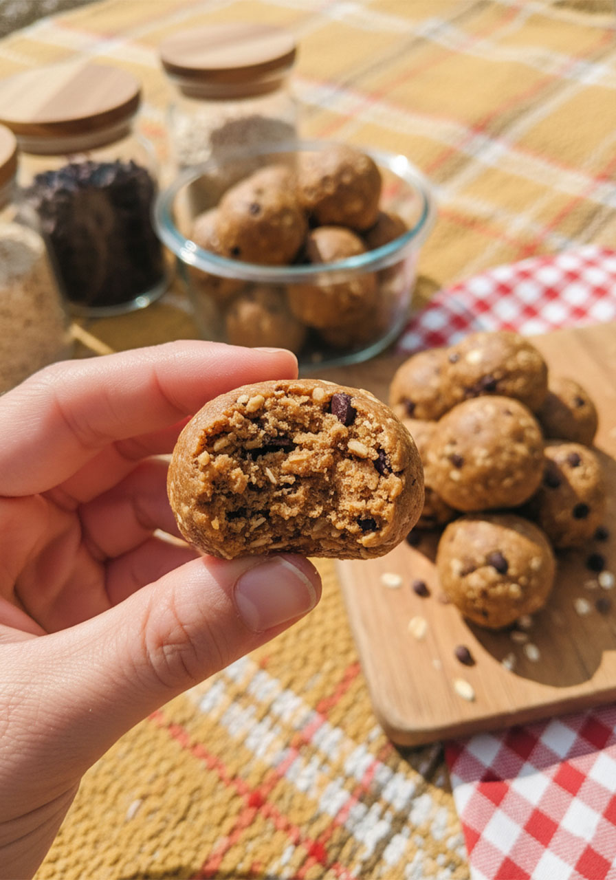 Close-up bite shot of a no-bake protein ball showing the cookie dough interior with oats and chocolate chips