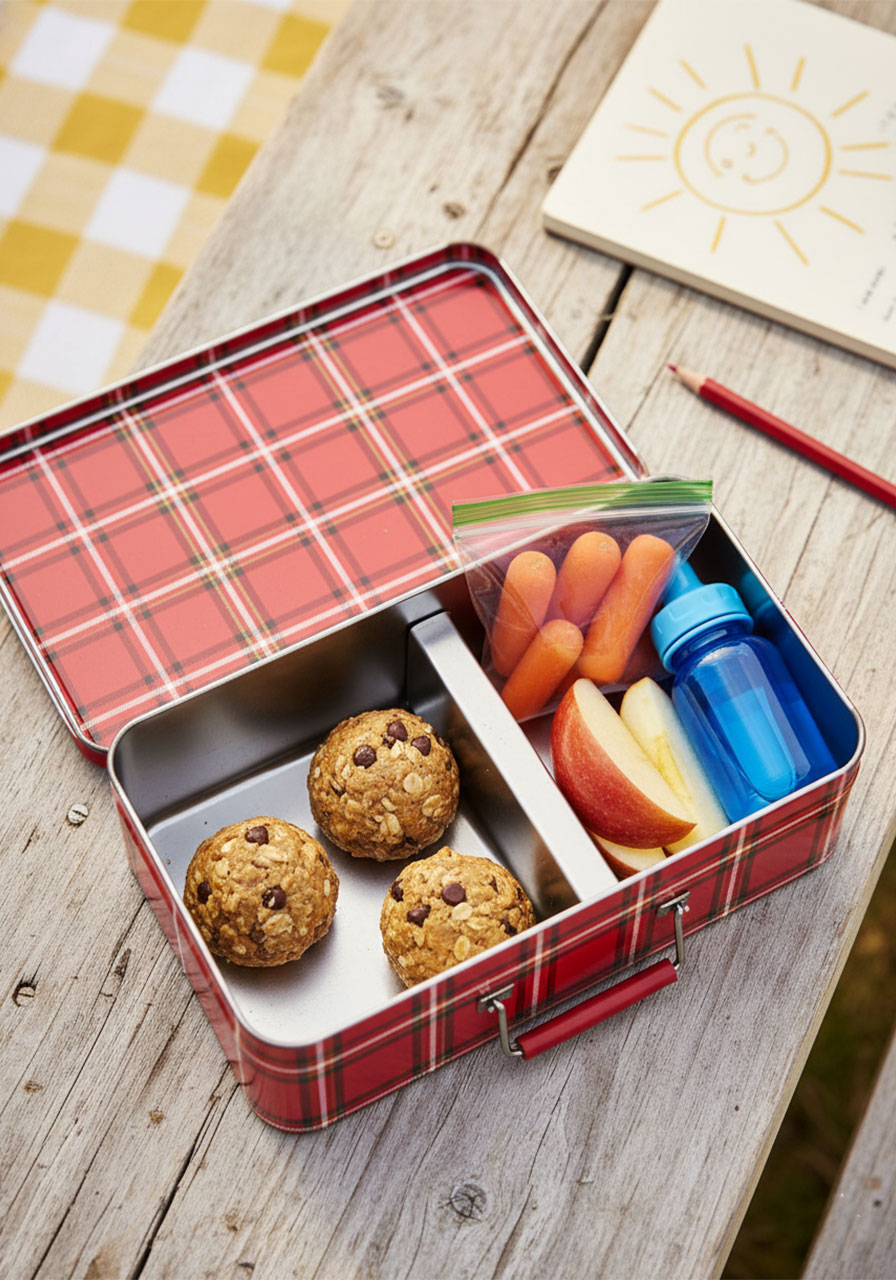 Three no-bake protein balls in a children's school lunchbox as a healthy after-school snack