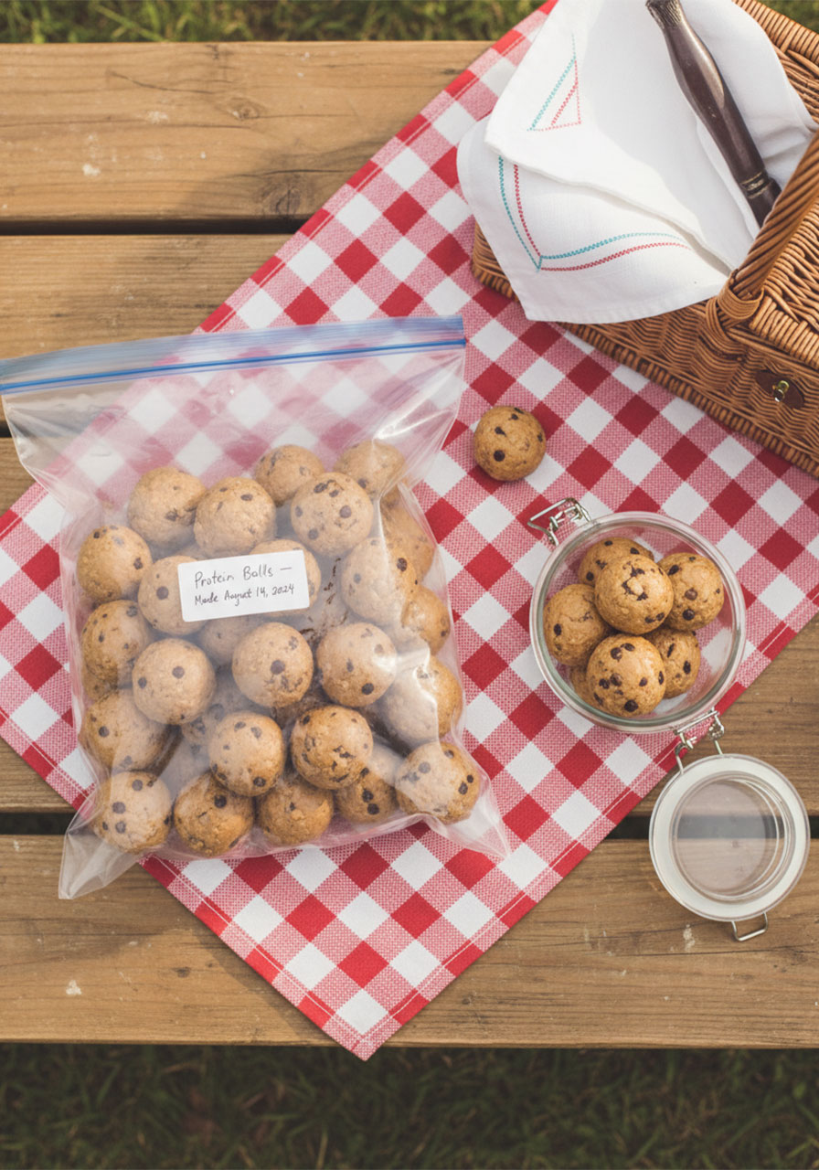 No-bake protein balls stored in a zip-lock freezer bag and airtight container for weekly meal prep