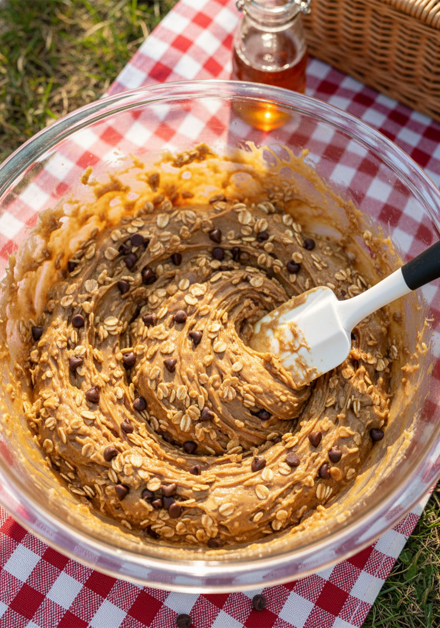 Fully mixed no-bake protein ball batter in a glass bowl with a rubber spatula showing the thick cookie dough texture
