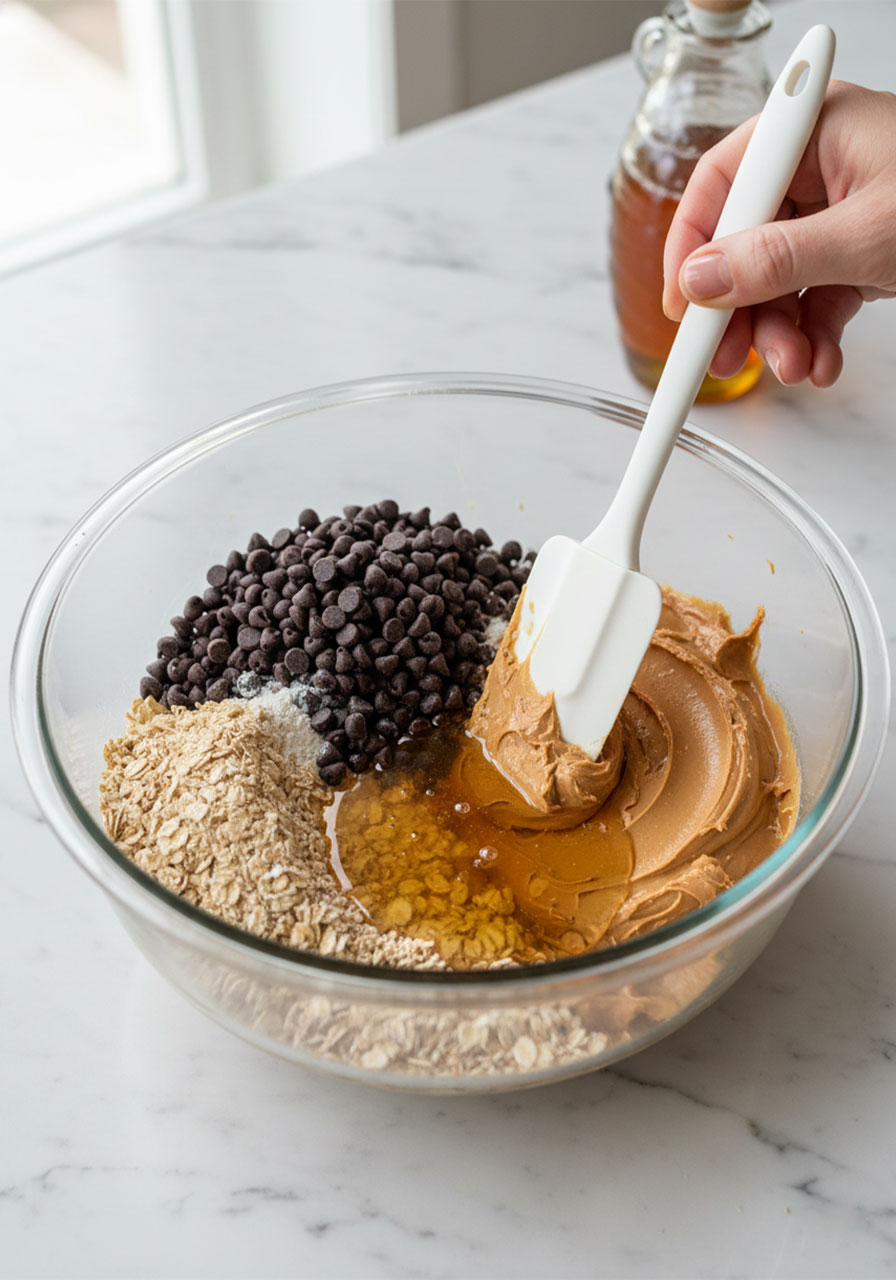 All six no-bake protein ball ingredients in a glass bowl before mixing with a rubber spatula