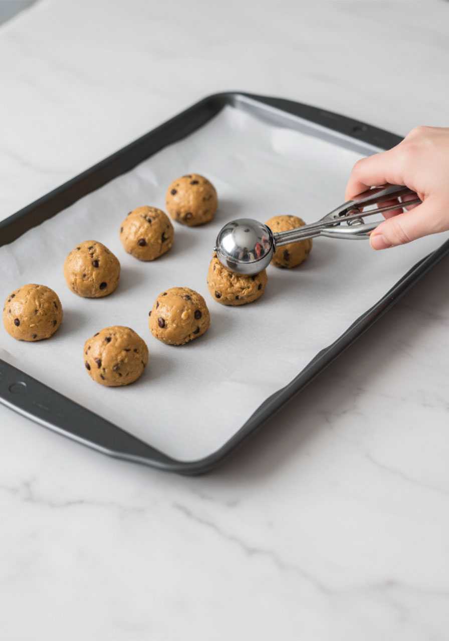 Scooping no-bake protein ball batter onto a parchment-lined baking sheet with a mini cookie scoop