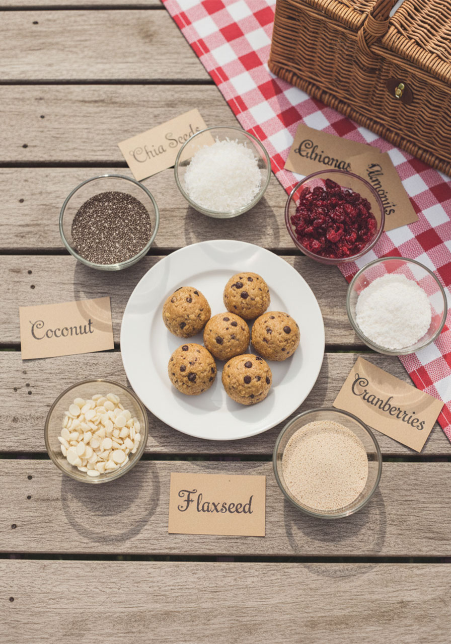 Customization options for no-bake protein balls including chia seeds, coconut, dried fruit, and nuts