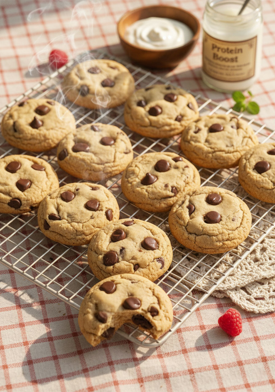 Freshly baked protein Greek yogurt cookies cooling on a wire rack with melted chocolate chips
