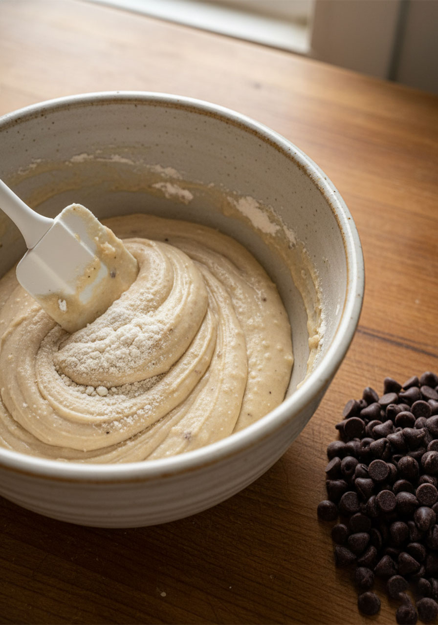 Folding dry oat flour and protein powder into Greek yogurt cookie dough with a spatula without overmixing