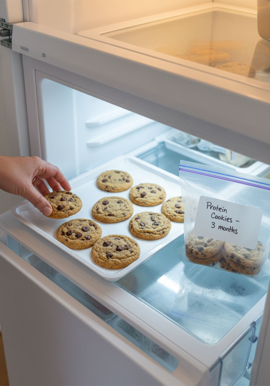 Freezing protein Greek yogurt cookies individually on a tray before storing in a zip-lock bag for up to 3 months