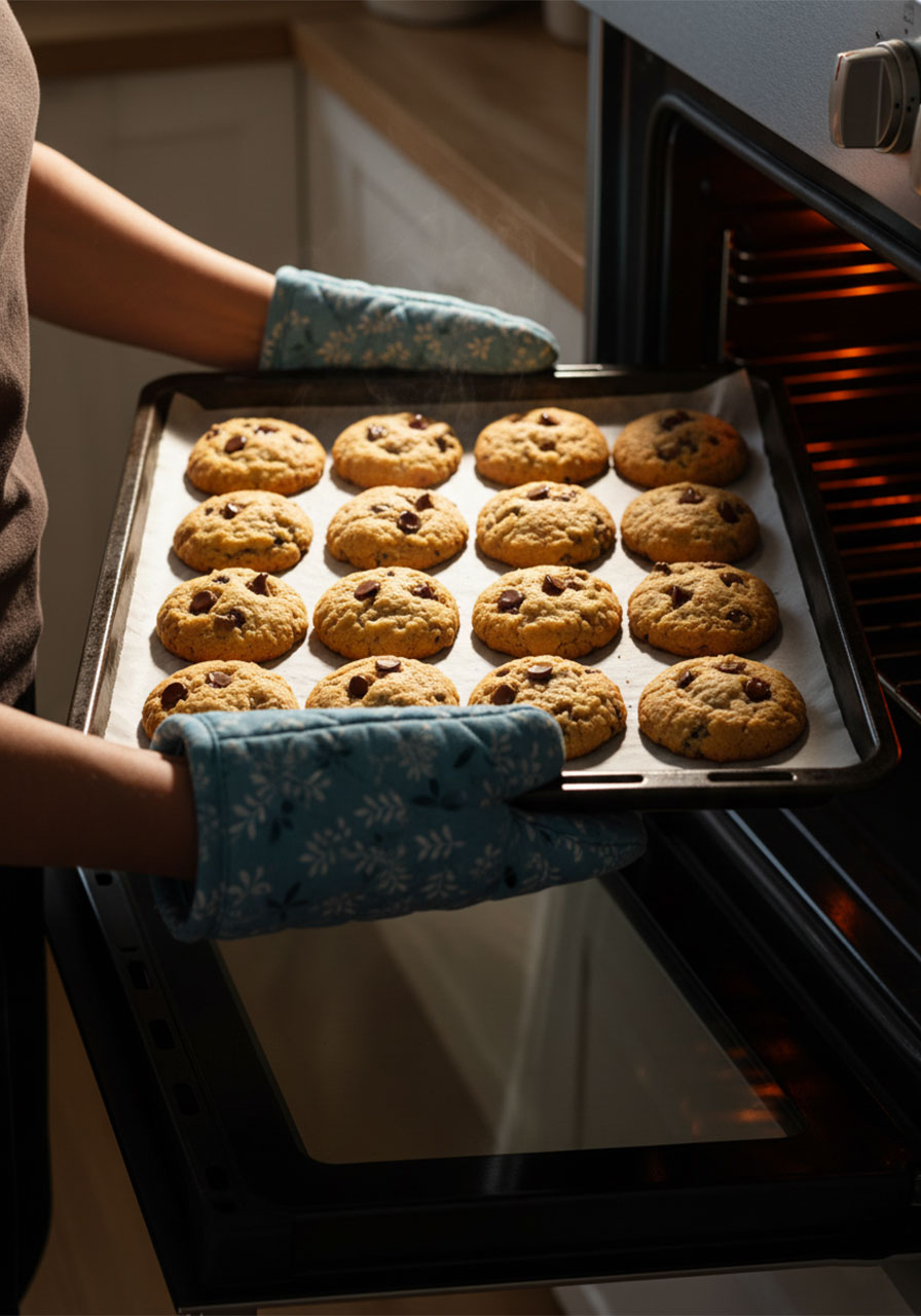 Protein Greek yogurt cookies fresh out of the oven with golden edges on a parchment-lined baking sheet