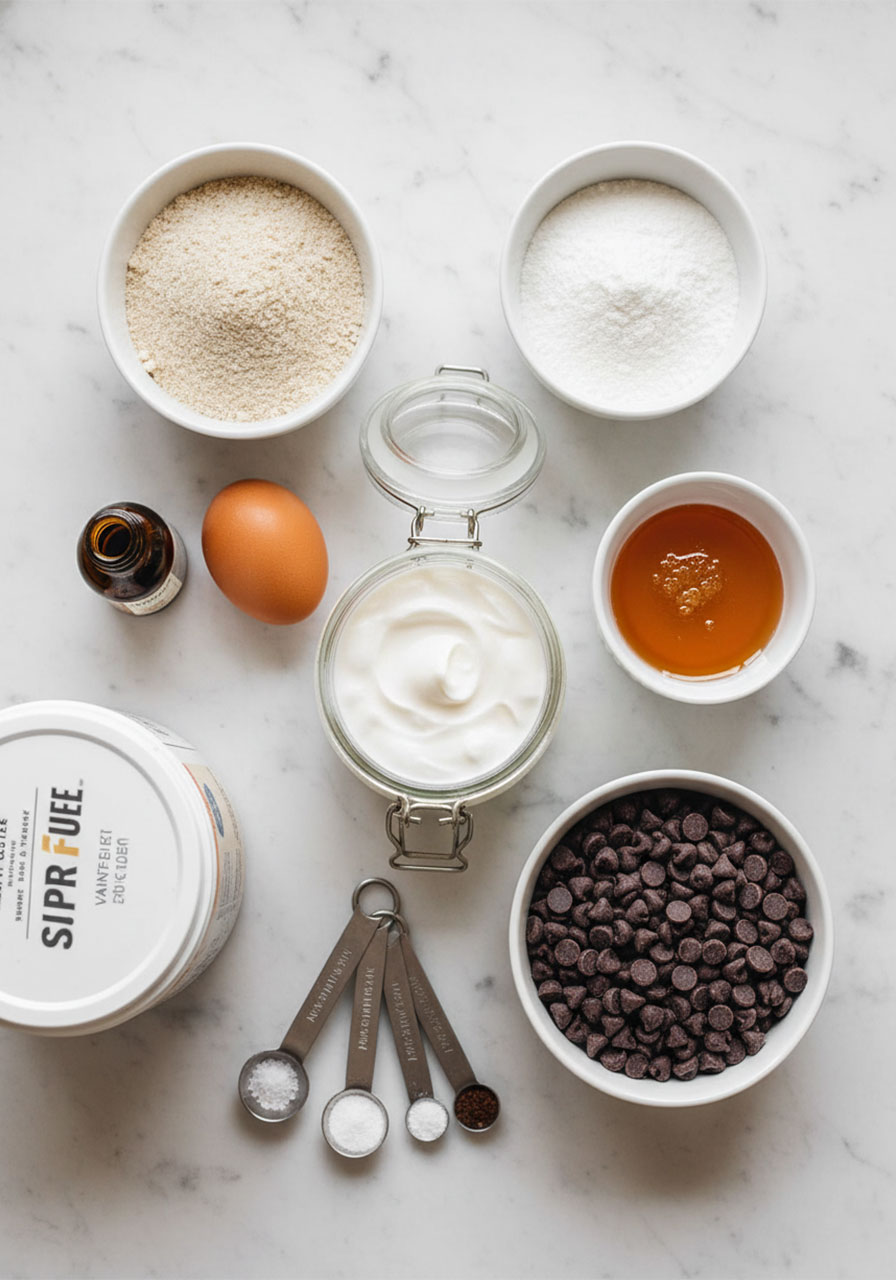 All ingredients for protein Greek yogurt cookies laid out flat including Greek yogurt, oat flour, protein powder, and chocolate chips