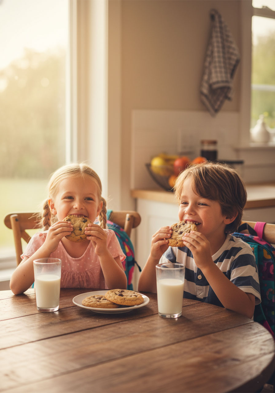 Two kids eating protein Greek yogurt cookies as a healthy after-school snack at the kitchen table