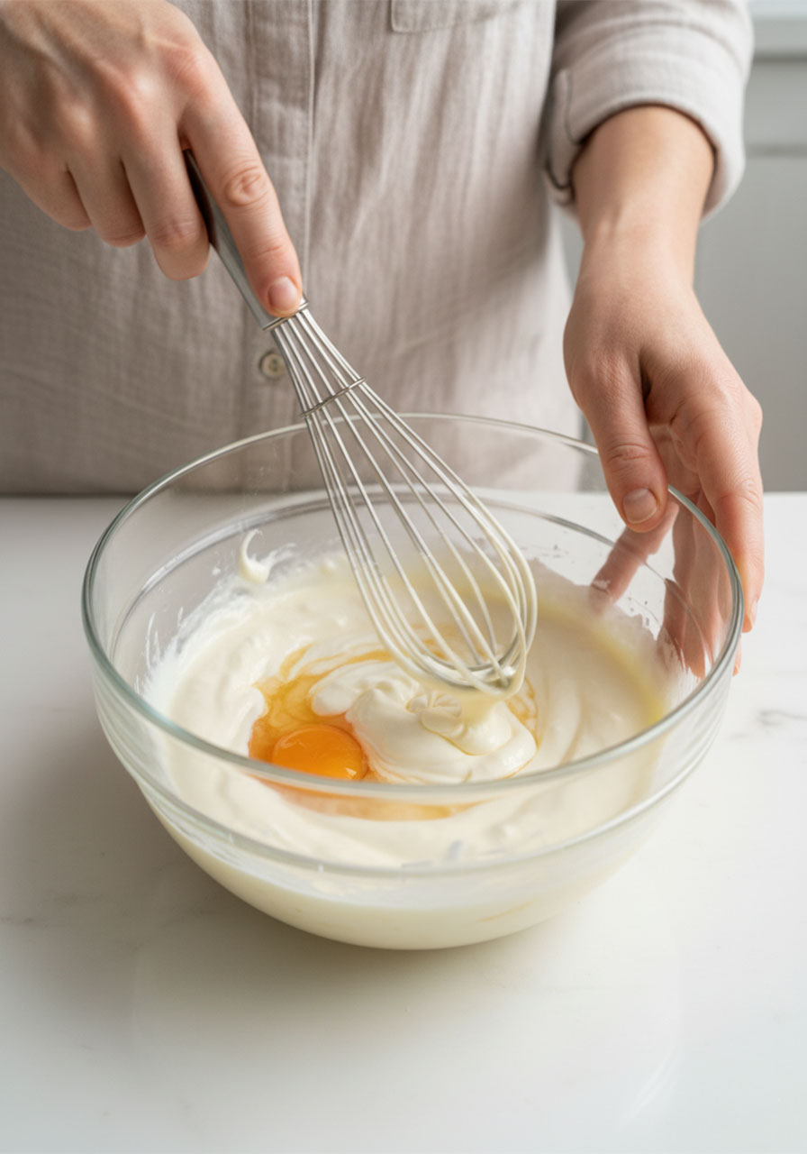 Whisking Greek yogurt, egg, and honey together in a glass bowl for protein cookie batter