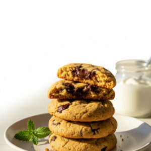 Stack of soft chewy protein Greek yogurt cookies with chocolate chips on a white plate — easy healthy cookie recipe