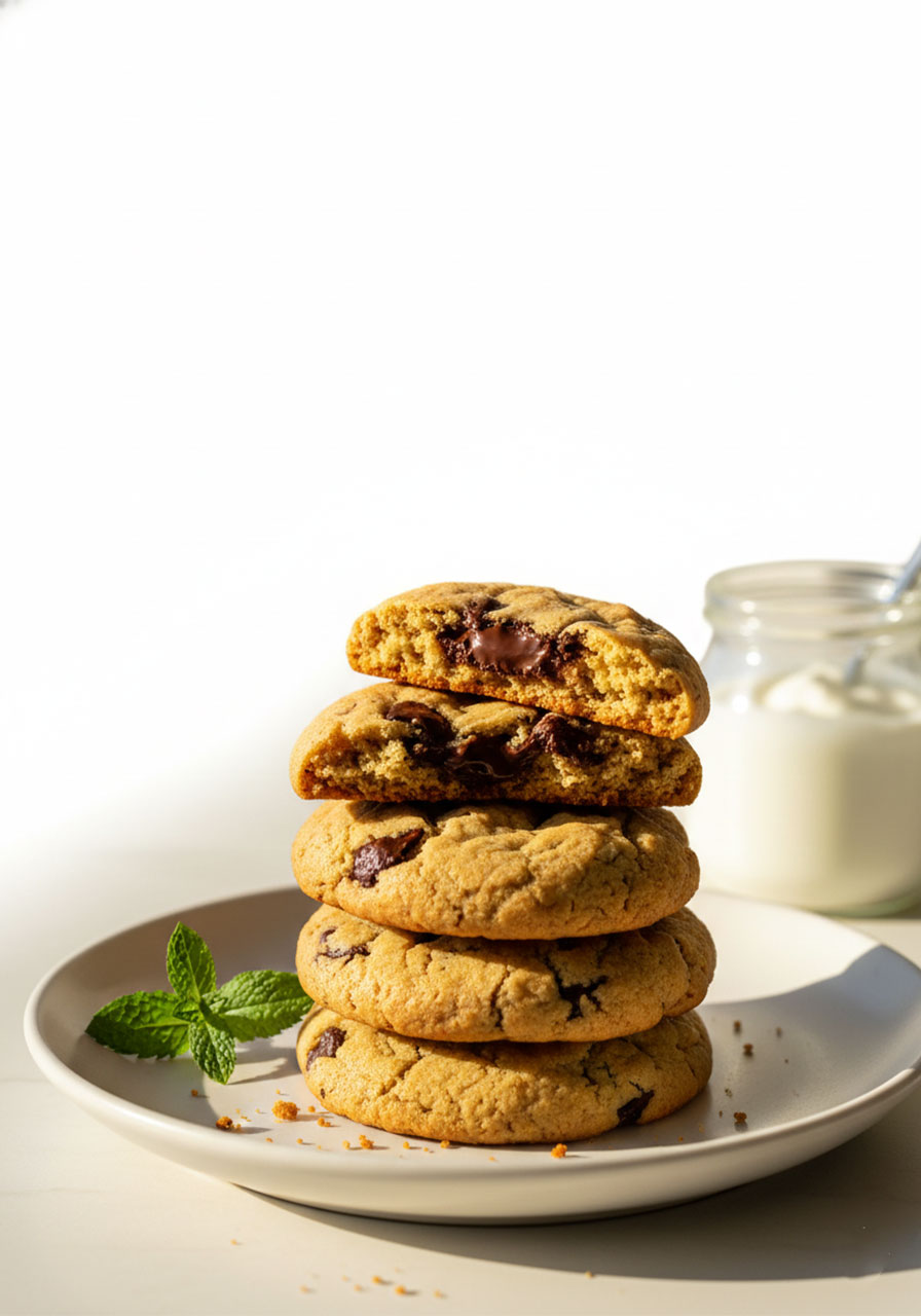 Stack of soft chewy protein Greek yogurt cookies with chocolate chips on a white plate — easy healthy cookie recipe