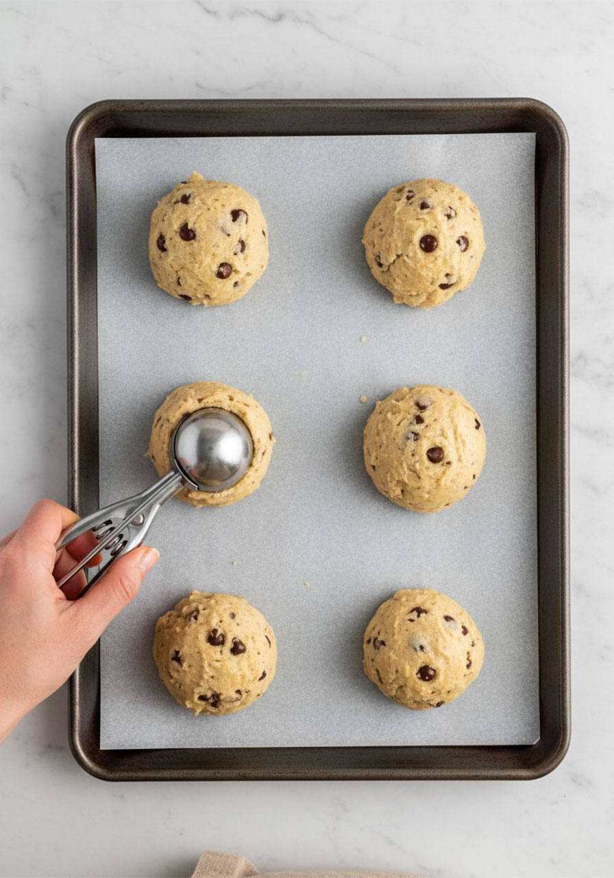 Scooping protein Greek yogurt cookie dough onto a parchment-lined baking sheet with a cookie scoop