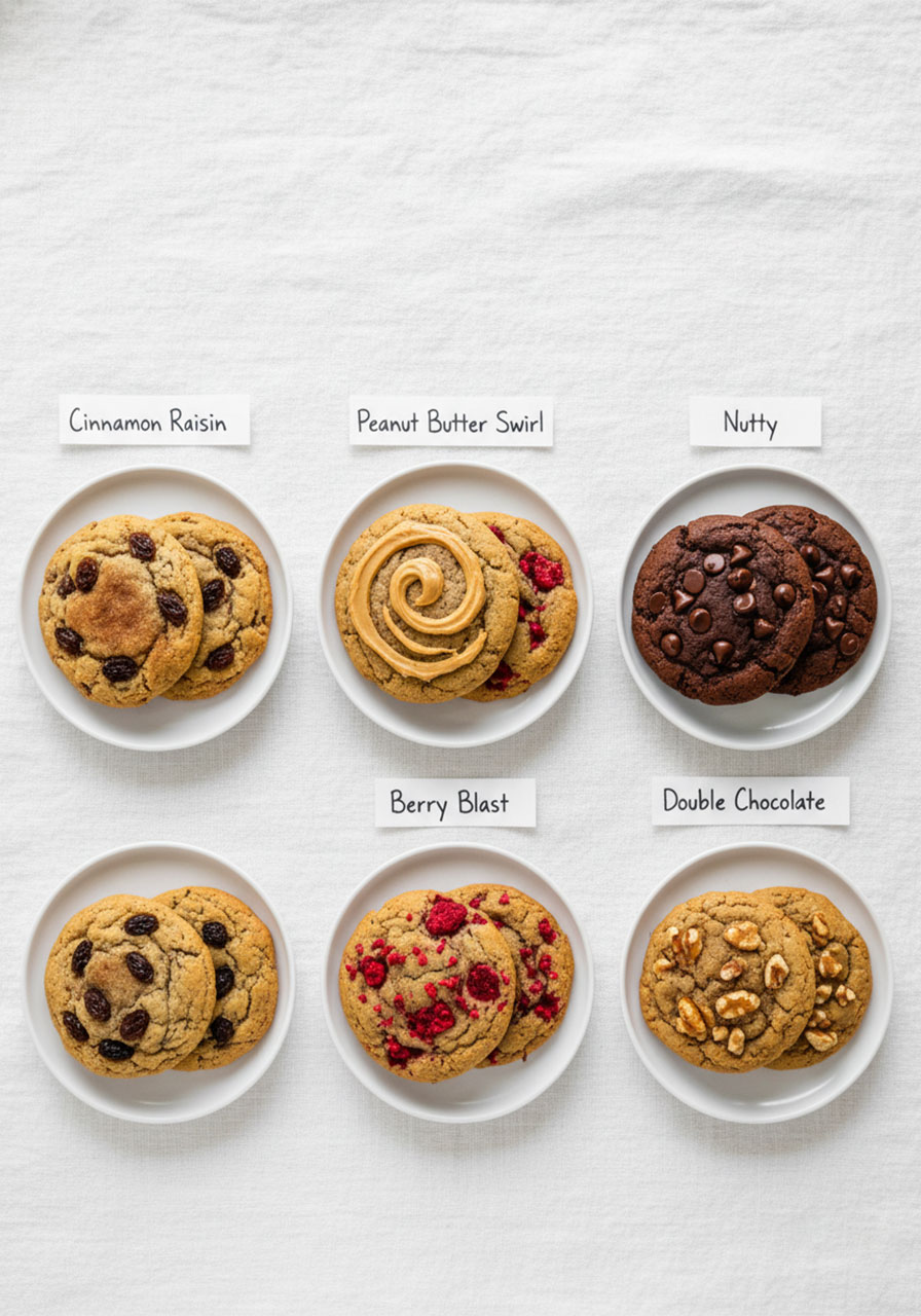 Five protein Greek yogurt cookie variations including cinnamon raisin, peanut butter swirl, berry blast, double chocolate, and nutty