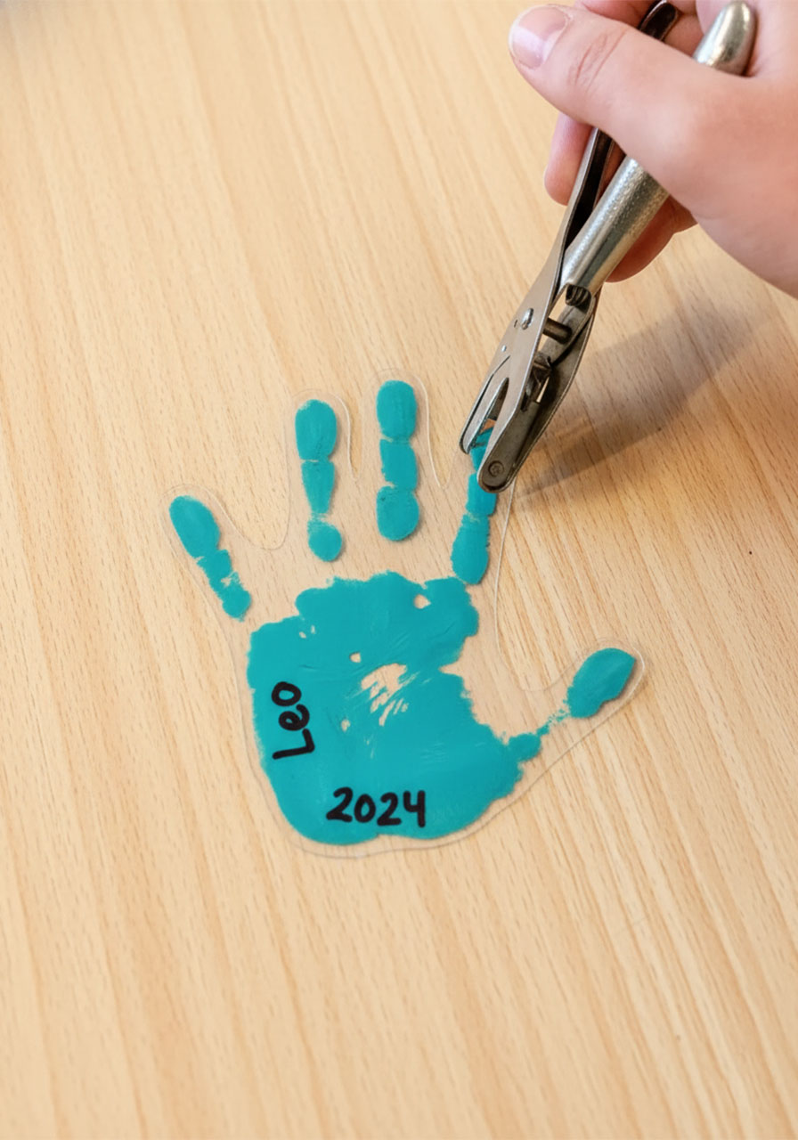 Adult using a hole punch on the fingertip of a cut-out pink handprint shrink plastic piece before baking to make a DIY keychain