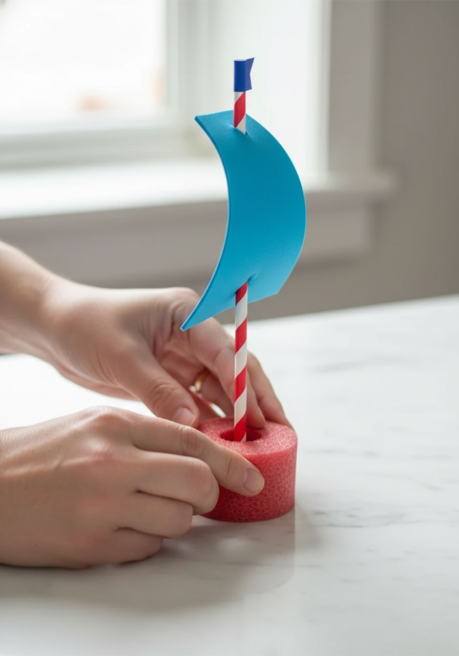 Pressing a paper straw mast into the top of a pool noodle disc to assemble a DIY pool noodle boat