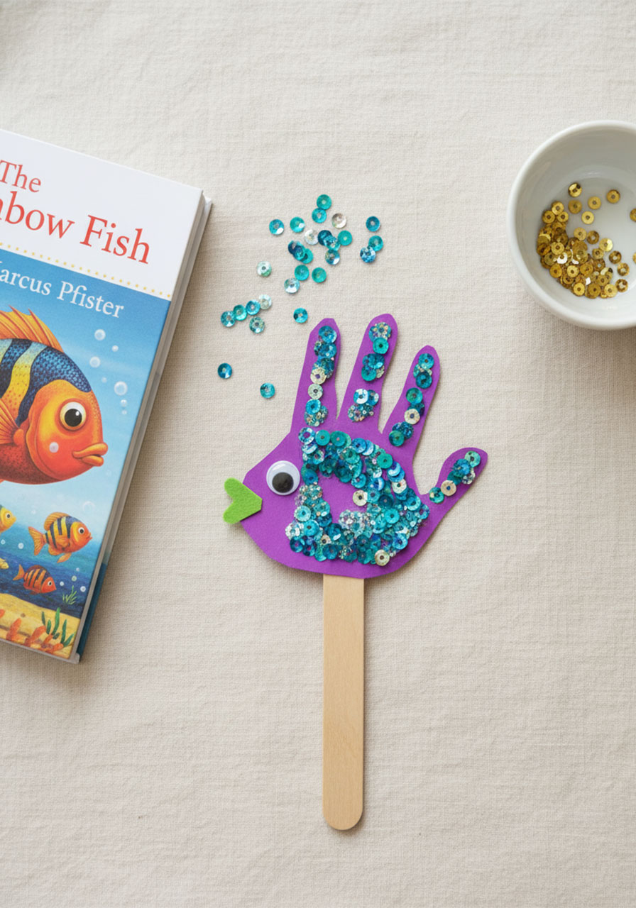 The Rainbow Fish book by Marcus Pfister next to a completed handprint fish puppet craft surrounded by teal and gold sequins for a themed reading and craft activity