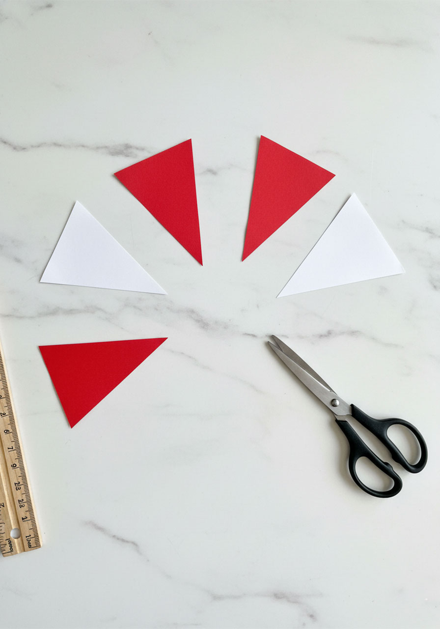 Six cut paper triangles alternating red and white for the spike crown of the patriotic paper plate hat Fourth of July craft