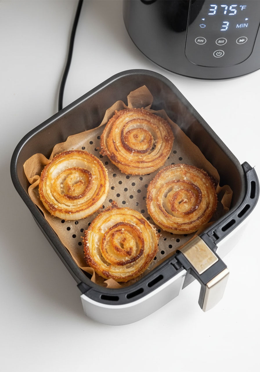 Reheating crispy keto parmesan onion rings in an air fryer at 375F to restore crunch